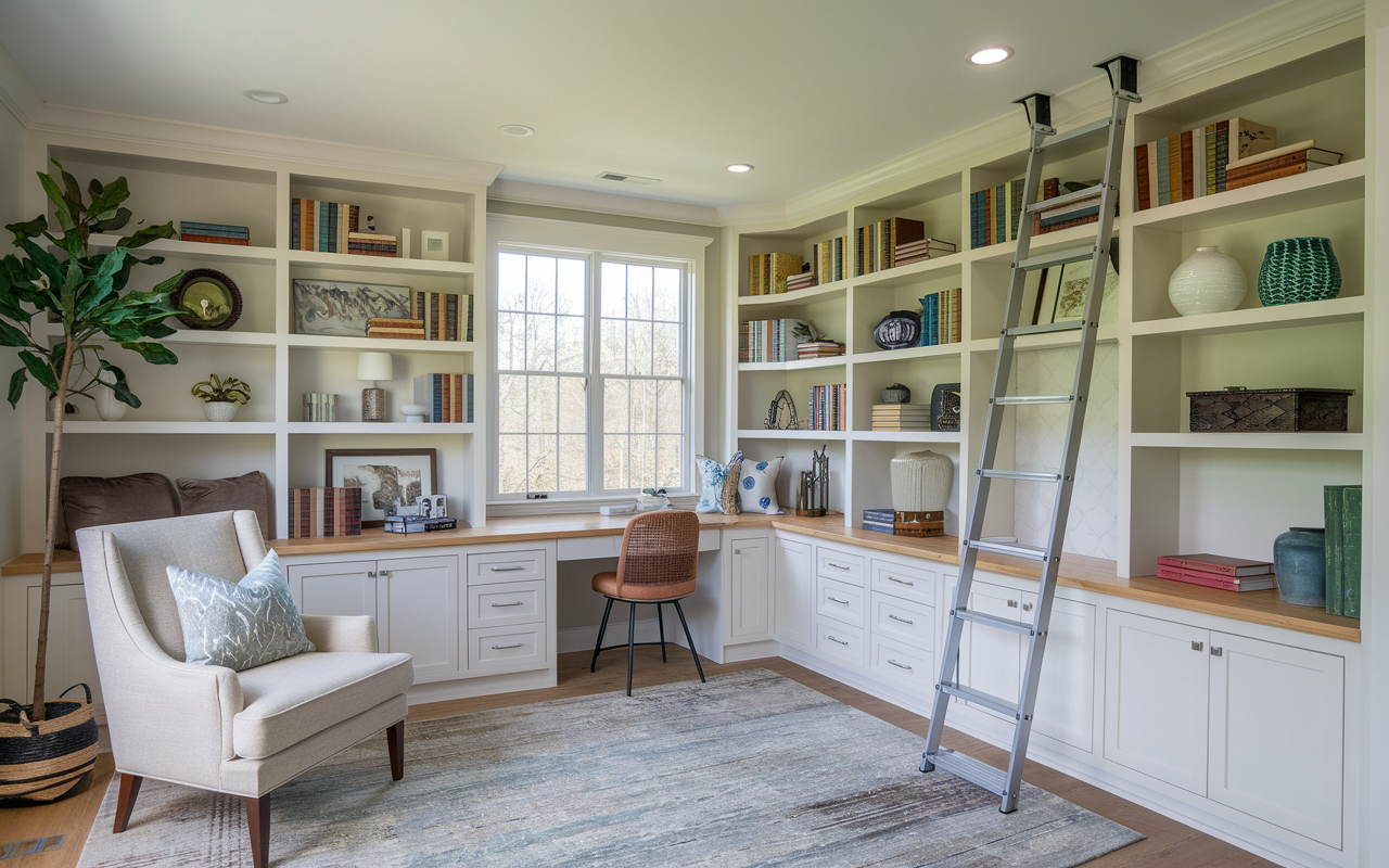 This bonus room above the garage features a home office with white built-in shelves, a handy ladder, and a bright window. A desk with a chair and an armchair provide comfort, while plants and decor items add charm. A cozy carpet covers part of the wooden floor for added warmth.