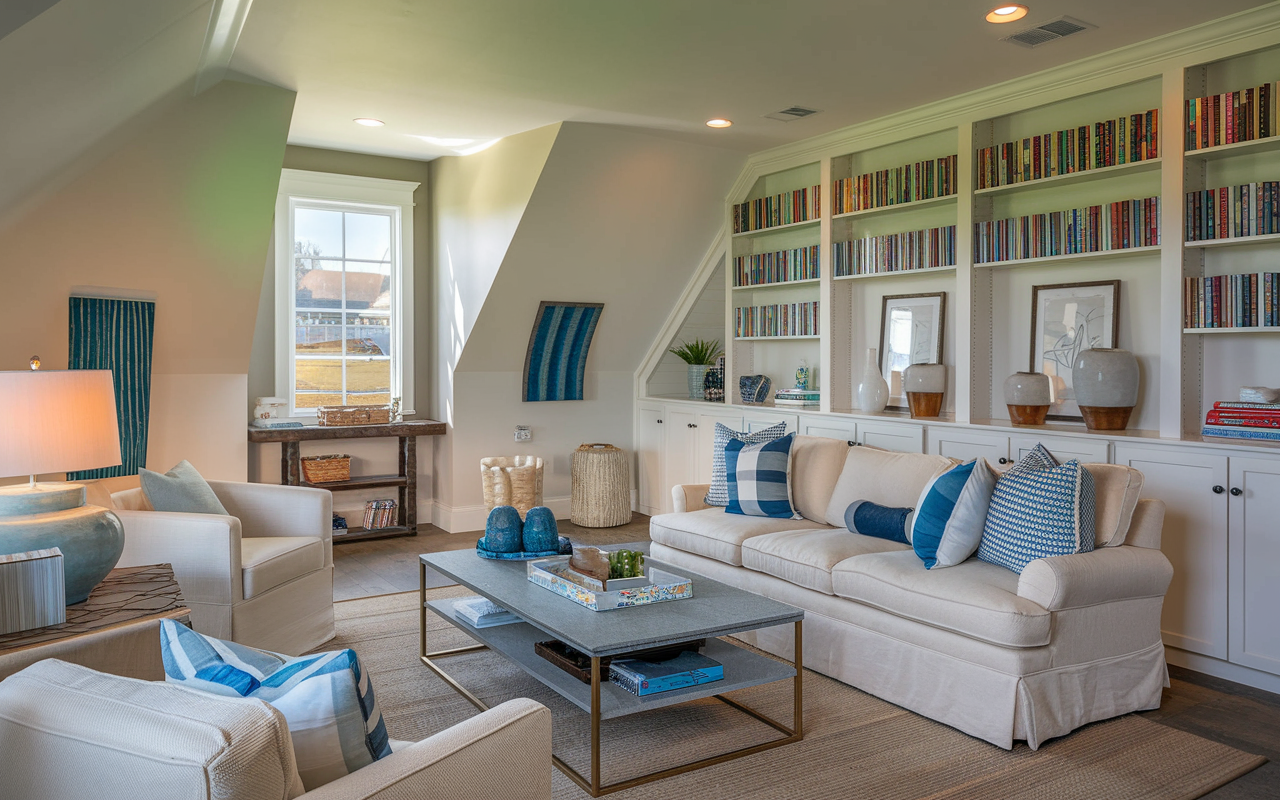 A stylish living room features white sofas with blue-striped pillows and a coffee table, complemented by a built-in bookshelf brimming with books. To enhance your garage room ideas, consider adding armchairs, a lamp, decorative vases, and a bright window to create inviting charm.