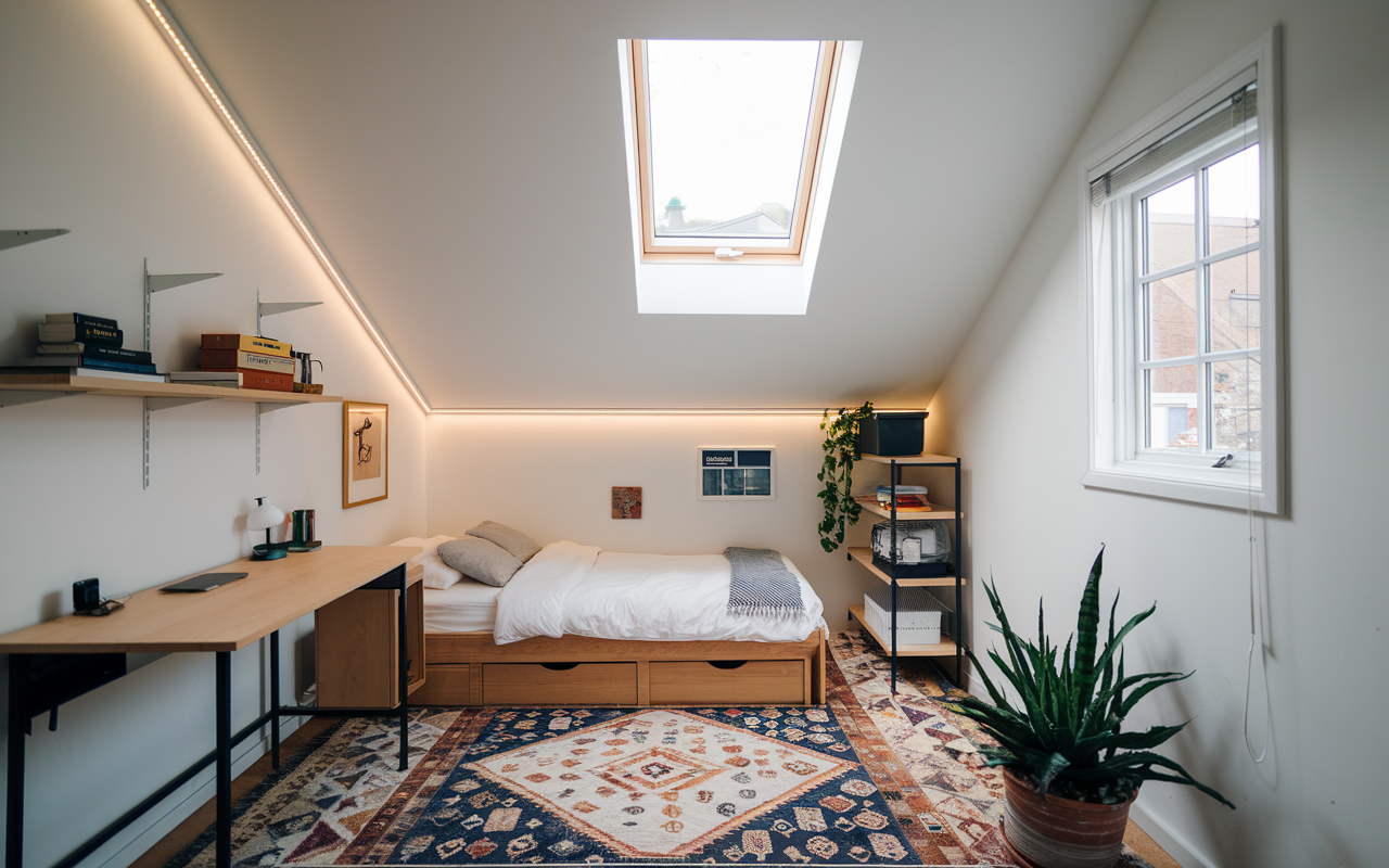 A tidy attic bedroom with a skylight serves as a charming bonus room, featuring a single bed, desk, wall shelves, potted plant, and a patterned rug – perfect for those seeking inspiring above-garage bonus room ideas.