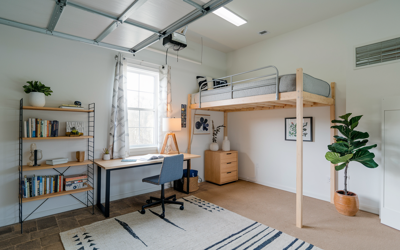 A cozy bonus room featuring a loft bed, desk with chair, and a bookshelf beside a vibrant potted plant. The carpeted floor and window with curtains invite natural light, creating an inviting space for relaxation or creativity above the garage.