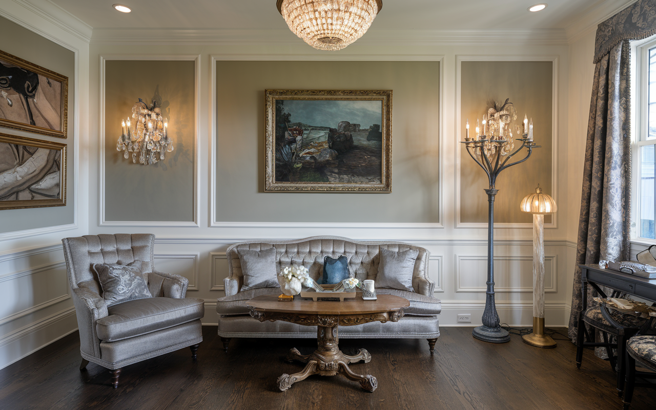Elegant living room above-garage featuring a tufted sofa, ornate wooden table, and framed art. A chandelier and lamps provide lighting. Walls showcase wainscoting and molding, complemented by hardwood flooring and decorative elements for inspired ideas.
