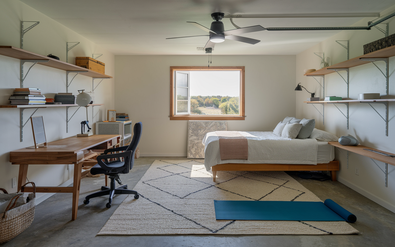 This cozy bedroom doubles as a serene bonus room, featuring a wooden desk, chair, single bed, and wall shelves filled with books. A yoga mat graces the floor, complemented by an outdoor-view window, ceiling fan, and light-colored rug. Perfect for those above-garage retreat dreams.