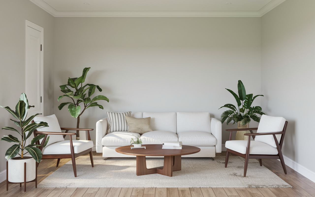 A modern living room, designed with ideas of serenity in mind, features a white sofa, two armchairs, a wooden coffee table, and potted plants. Neutral tones and minimalist design create a space that feels like an above-garage bonus room retreat.