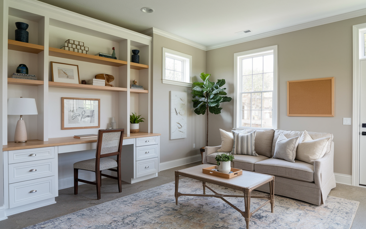 Transforming the above-garage bonus room, this home office features a desk, chair, and shelves on the left. On the right, you
