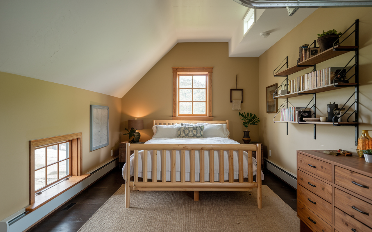 A cozy attic bedroom with a sloped ceiling serves as a perfect bonus room, featuring a wooden bed and bookshelf. There