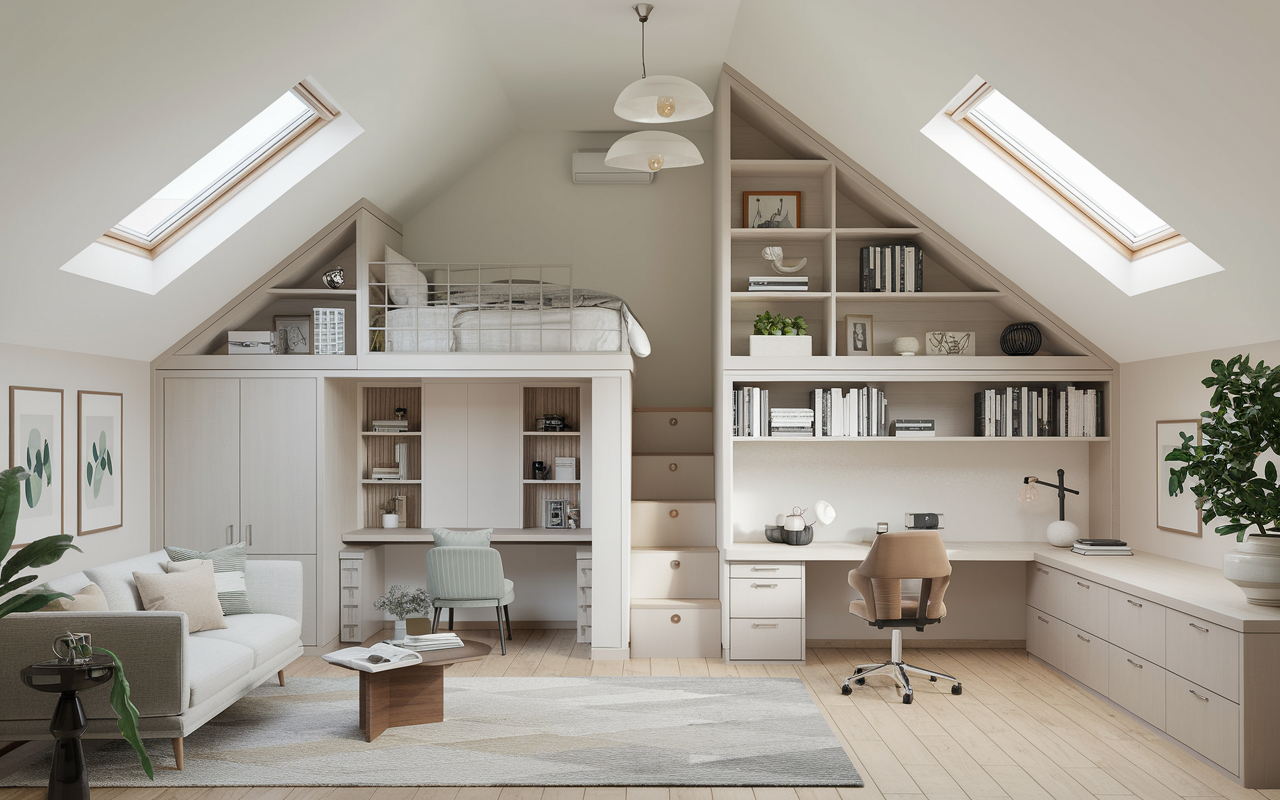 Spacious attic room above-garage featuring a loft bed, desk, shelves, and large windows. Modern furniture like a sofa and chairs complements the neutral color scheme and organized decor. Perfect bonus room ideas for maximizing style and function.