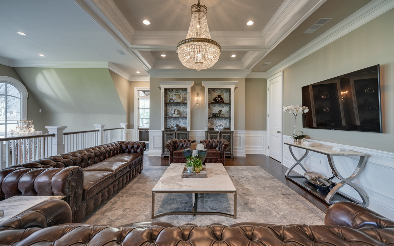 Elegant living room with leather sofas, a large coffee table, and a mounted TV. A chandelier hangs from the coffered ceiling, enhancing this bonus room above the garage. In the background, a lighted display cabinet adds to its charm.