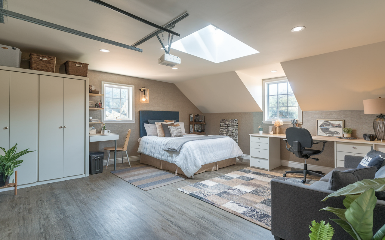 A spacious above-garage bonus room features a bed, desk, chair, and shelves under a skylight. Light wood flooring and neutral tones create an airy atmosphere, while green plants add a touch of nature.