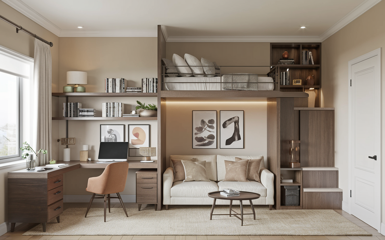 Modern bonus room featuring a loft bed, desk with computer, chair, sofa, and bookshelf. Neutral tones and abstract art accent the walls. Stairs lead to the bed perched above storage shelves, making it an ideal space for creative bonus room ideas.