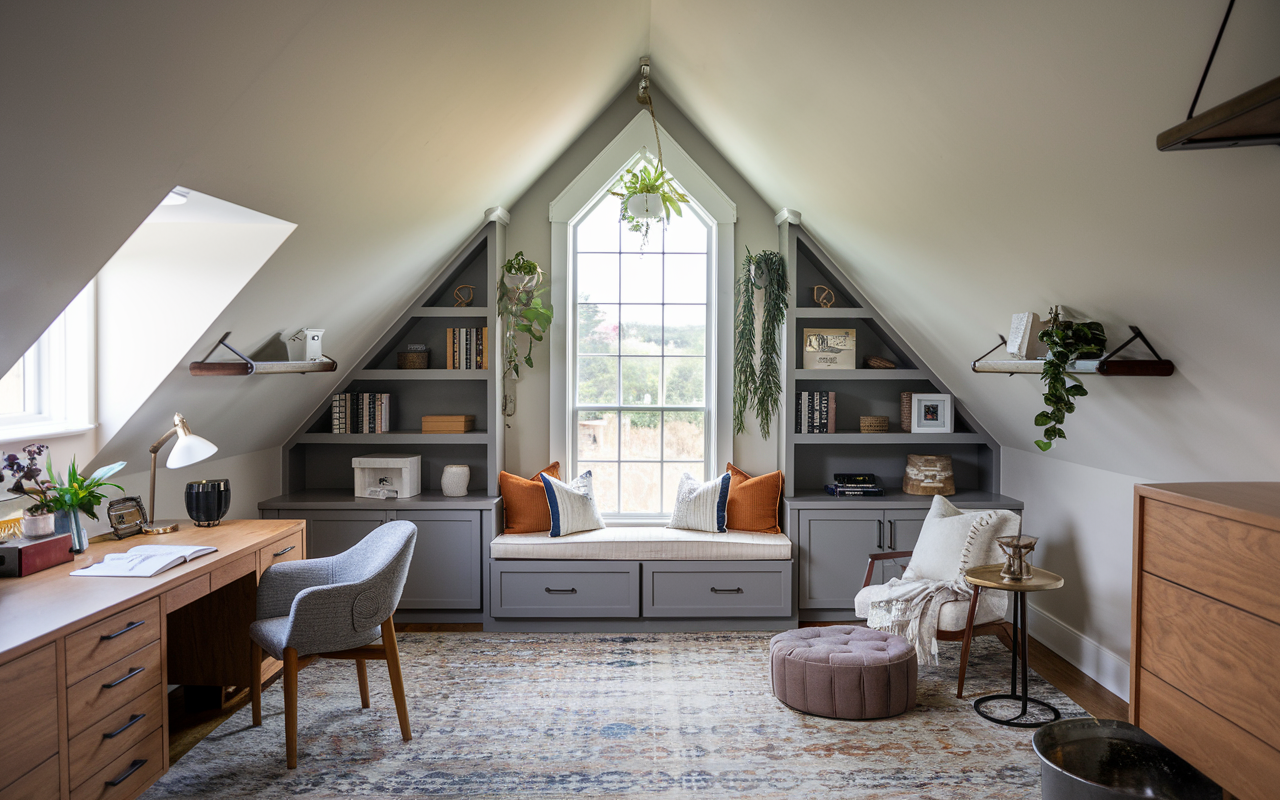 This inviting attic room, a clever Above-Garage bonus space, features a triangular window, built-in grey shelves, and a cozy window seat with orange pillows. A desk sits to the left amidst decorative plants, making it an inspiring setting for any Bonus Room Ideas you may have.