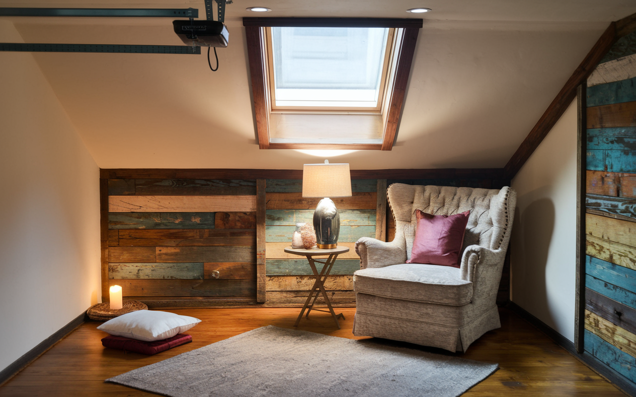 Cozy attic room above-garage with a wicker chair, a small table lamp, colorful wooden paneling, a lit candle, pillows, and a skylight illuminating the space—perfect for unique bonus room ideas.