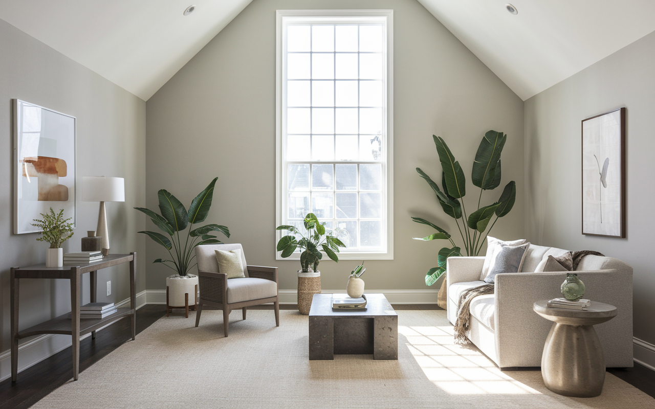 A bright living room with a high ceiling features a gray sofa, armchair, and coffee table. Large windows let light stream in, while plants add vibrancy. Artwork and a lamp adorn the walls and console table, embodying creative home design that