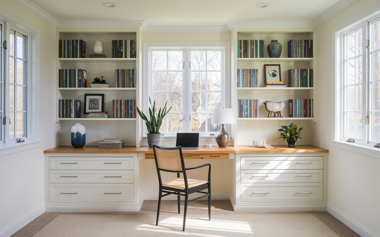 Enjoy a bright home office with a wooden desk nestled between two windows. The setup includes a comfortable black chair, books and decor on shelves, and a laptop under the warm glow of a lamp. Natural light enhances this inviting space, perfect for those seeking creative bonus room ideas.