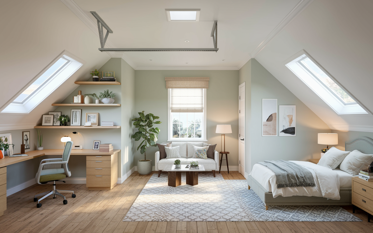 A cozy above-garage attic bedroom features a bed, two chairs, a coffee table, a window with blinds, and a desk with shelves. Skylights provide natural light. The room has green walls and wooden flooring—perfect for bonus room ideas.