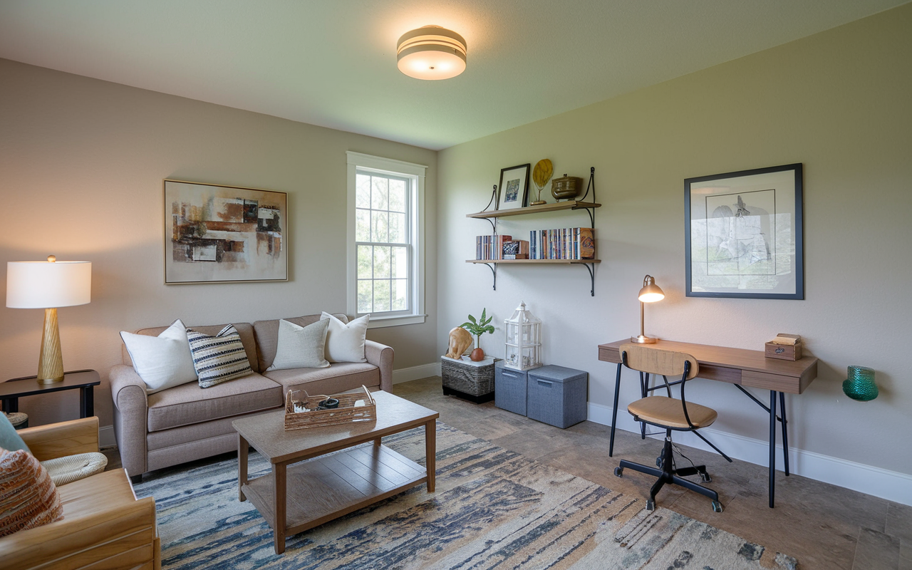 A cozy living room features a brown sofa, coffee table, and a desk with chair. Shelving holds books and decor, offering stylish room ideas. A large window floods this bonus room with natural light, enhanced by wall art and a rug.