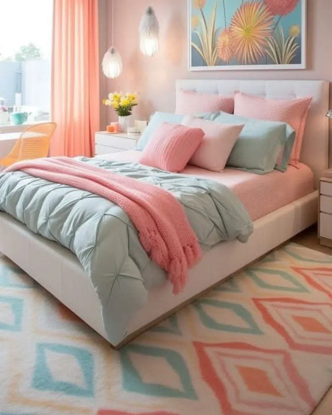 A modern sage green bedroom featuring a green upholstered bed, white bedding, blush pink and green pillows, white nightstands, abstract art, and large windows with green curtains—perfect for serene bedroom ideas.