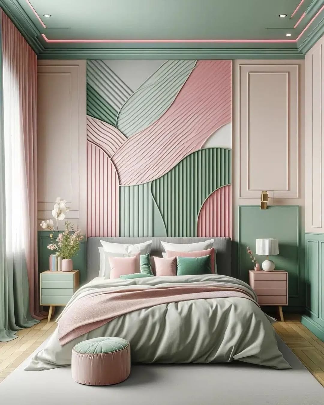 A modern sage green and blush pink bedroom featuring geometric wall art above the bed, coordinated bedding, two nightstands, a lamp, and a round ottoman.