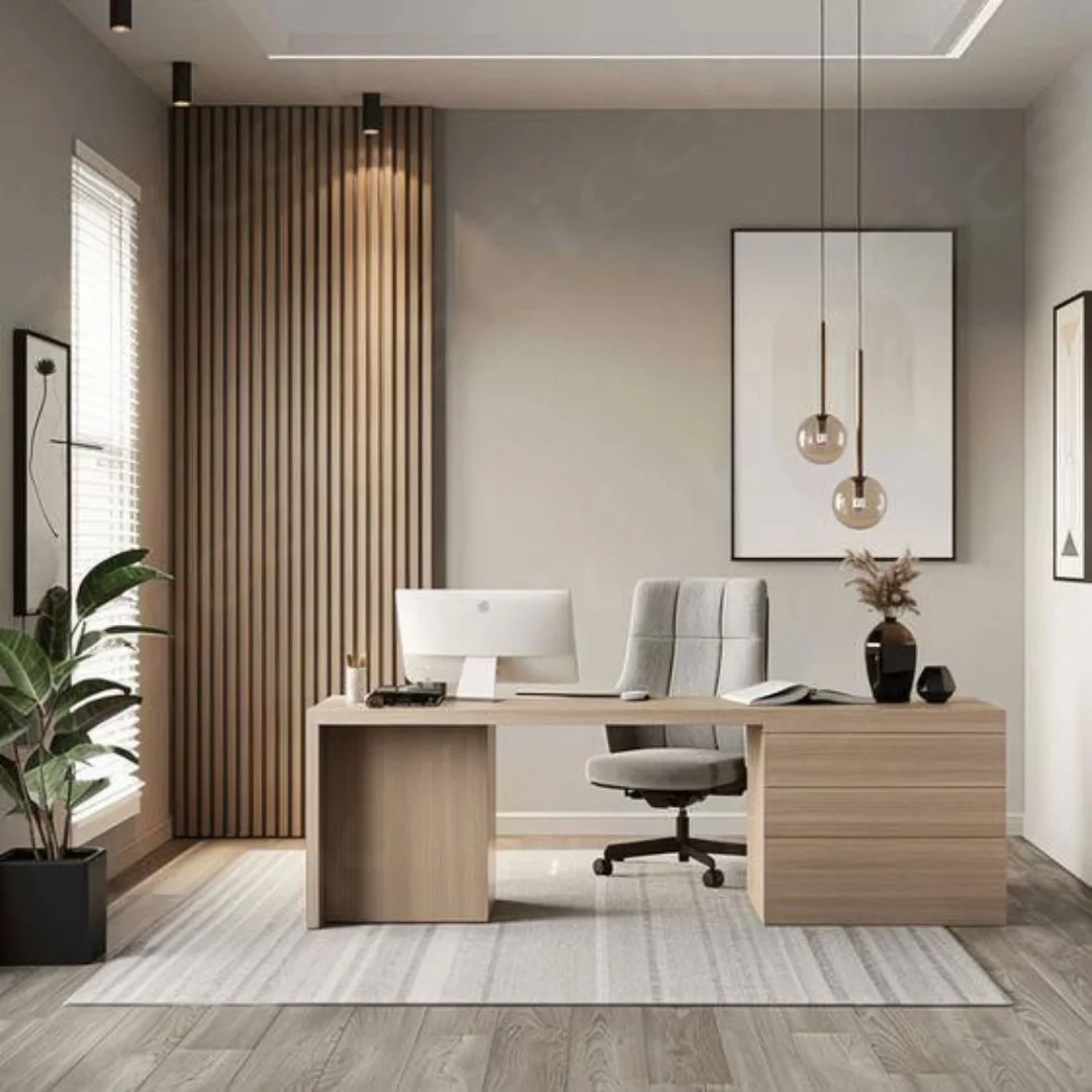 Modern home office with a computer workstation, ergonomic chair, 3D printer, and shelves holding books and spools of filament—perfect for those seeking minimalist office design and inspiring office design ideas in a bright, organized space.