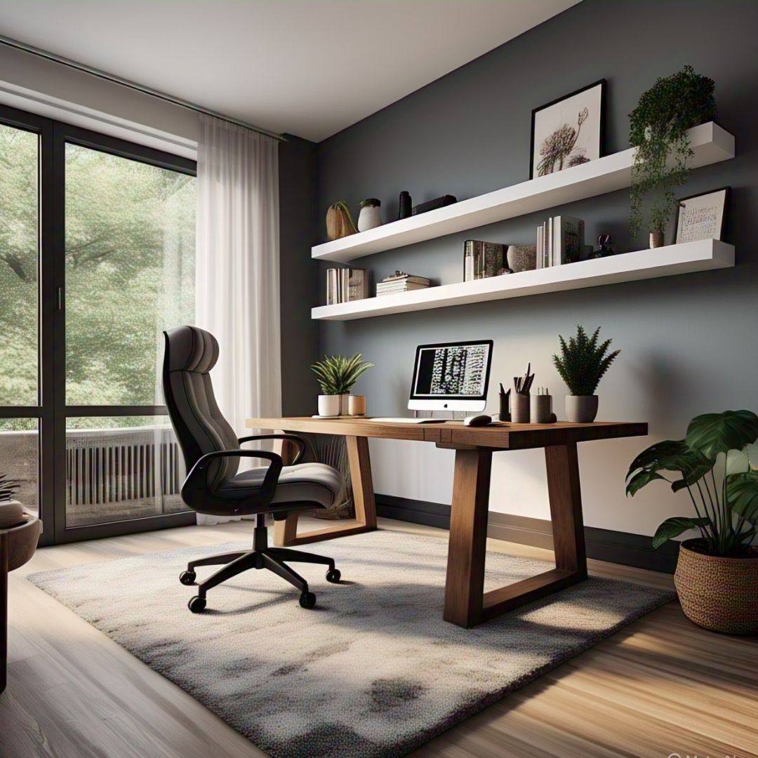 Modern home office with a wooden desk, computer, ergonomic chair, potted plants, wall shelves, and large window showing greenery outside—a perfect example of minimalist office design.