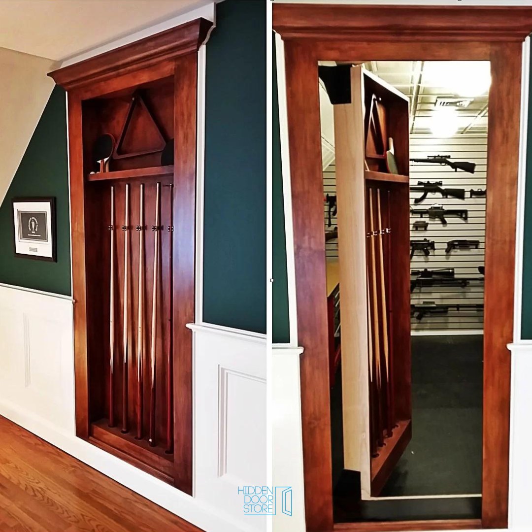 A wooden wall unit holding pool cues and a triangle rack swings open, revealing a hidden room storing firearms—one of the smartest hidden door ideas for stylish homeowners seeking secure home installation solutions.