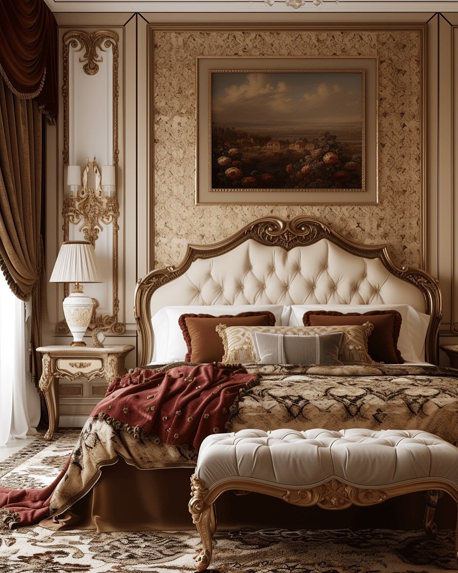 A luxurious, ornate Victorian bedroom with a carved headboard, elegant bedding, vintage nightstands, a bench at the foot of the bed, and a framed landscape painting above the bed.