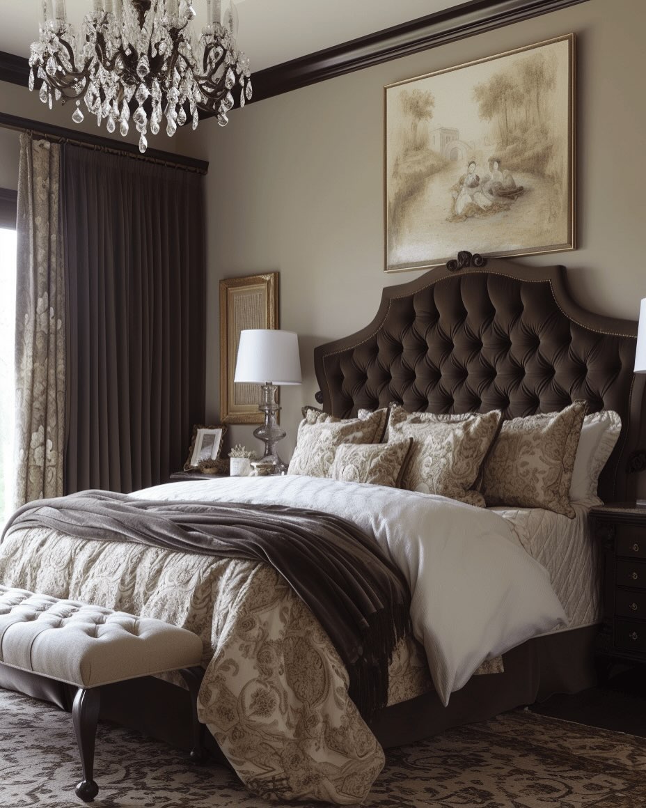 A vintage-style bedroom with classic elegance features an ornate bed, floral bedding, matching rug, wall art, and antique light fixtures against green panelled walls—perfect inspiration for Victorian bedroom ideas.