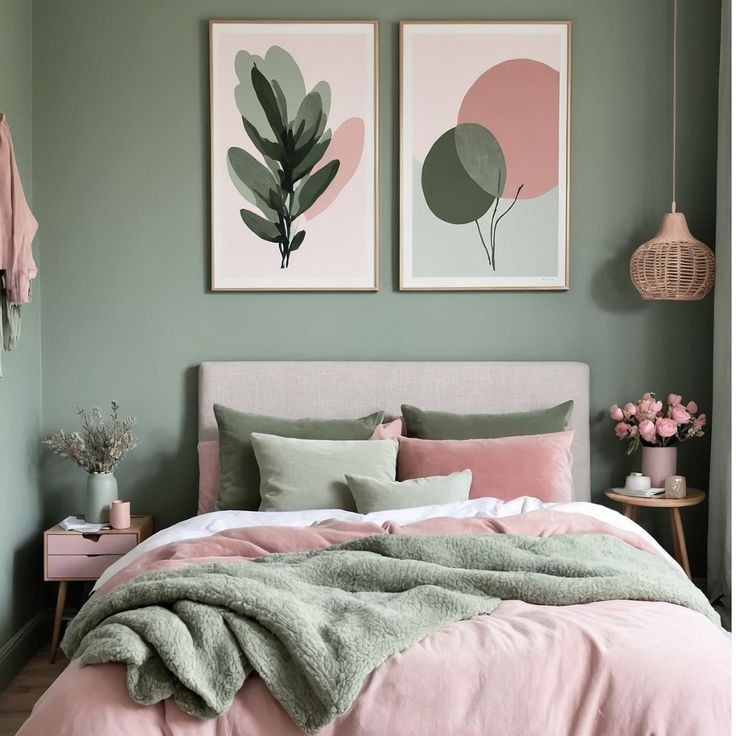 A neatly made sage green and blush pink bedroom features green walls, abstract art above the headboard, and two nightstands topped with flowers and lamps.