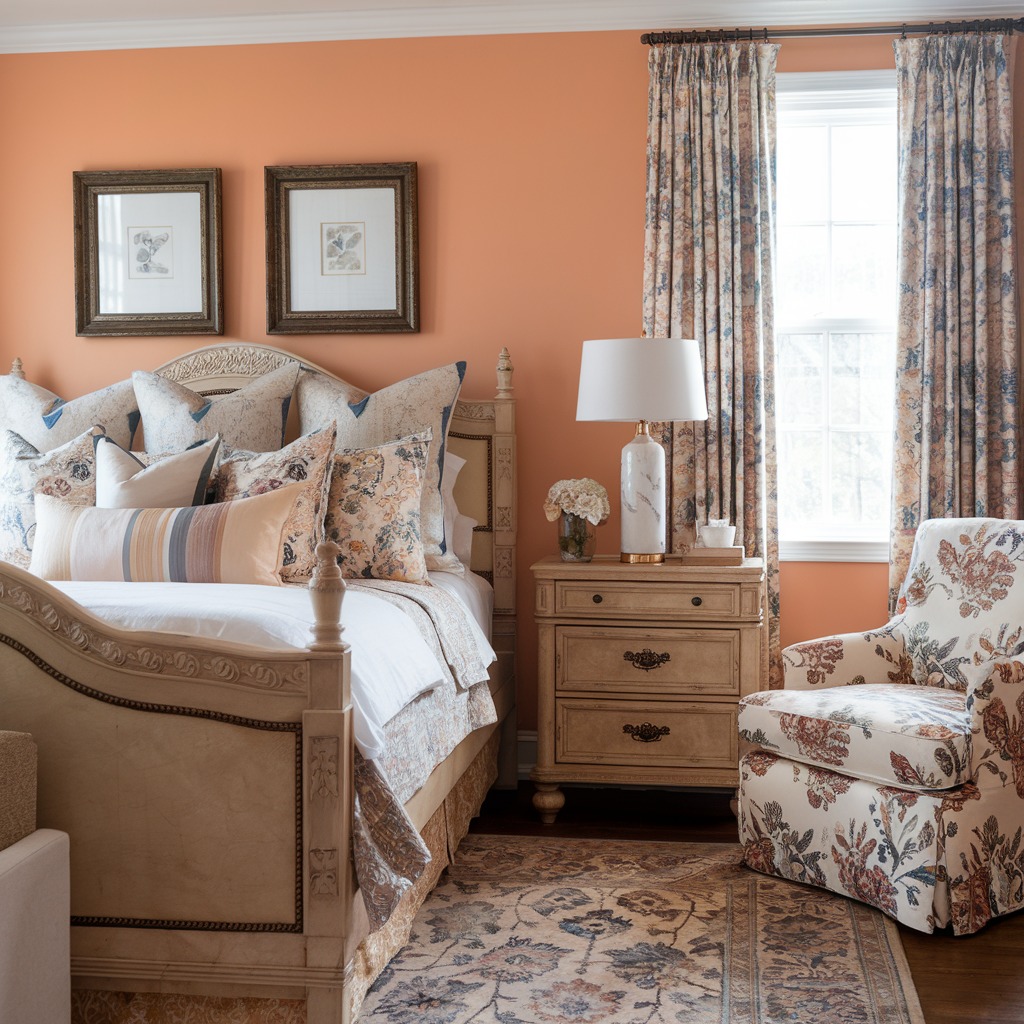 A traditional Victorian bedroom with an ornate bed, patterned pillows, floral armchair, wooden nightstand, table lamp, framed art, and floral curtains against peach-colored walls.