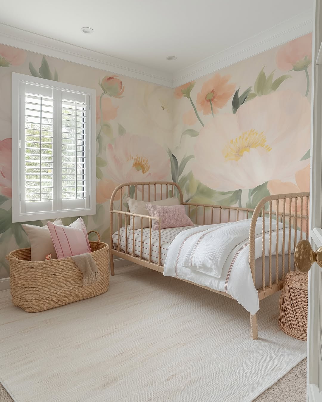 A sage green and blush pink bedroom features a wooden bed, white bedding, a wicker basket with pillows, and floral wallpaper in soft pastel shades. Light flows in through a window with elegant white shutters.