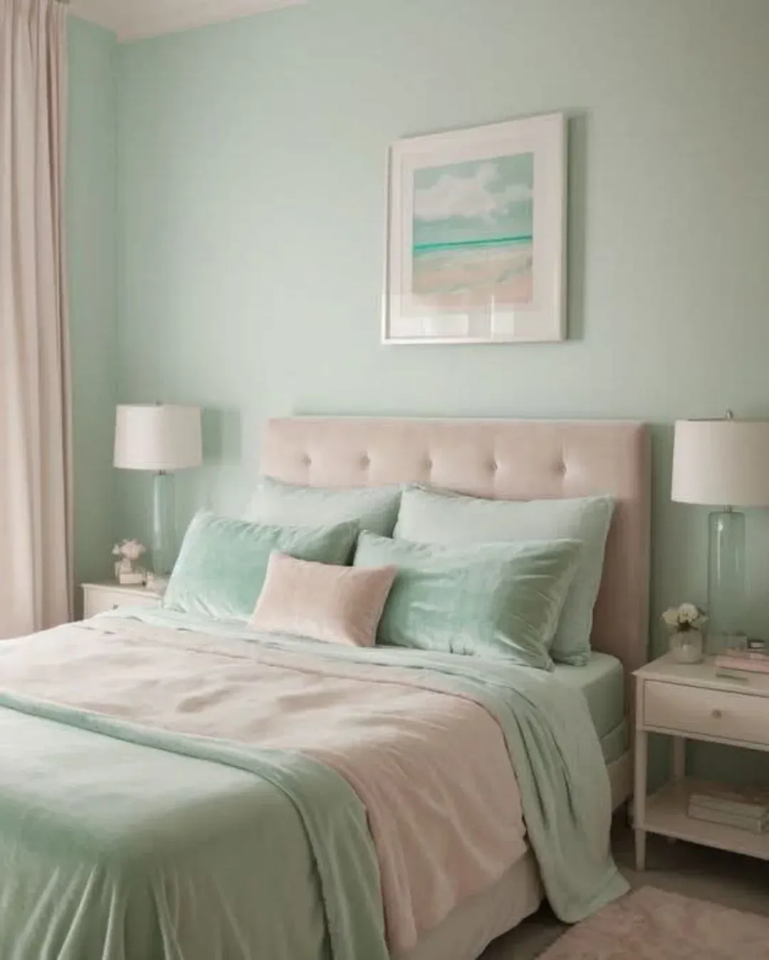 A sage green and blush pink bedroom with a tufted headboard, matching bedding, two bedside tables with lamps, and beach-themed artwork above the bed creates a serene and inviting retreat.