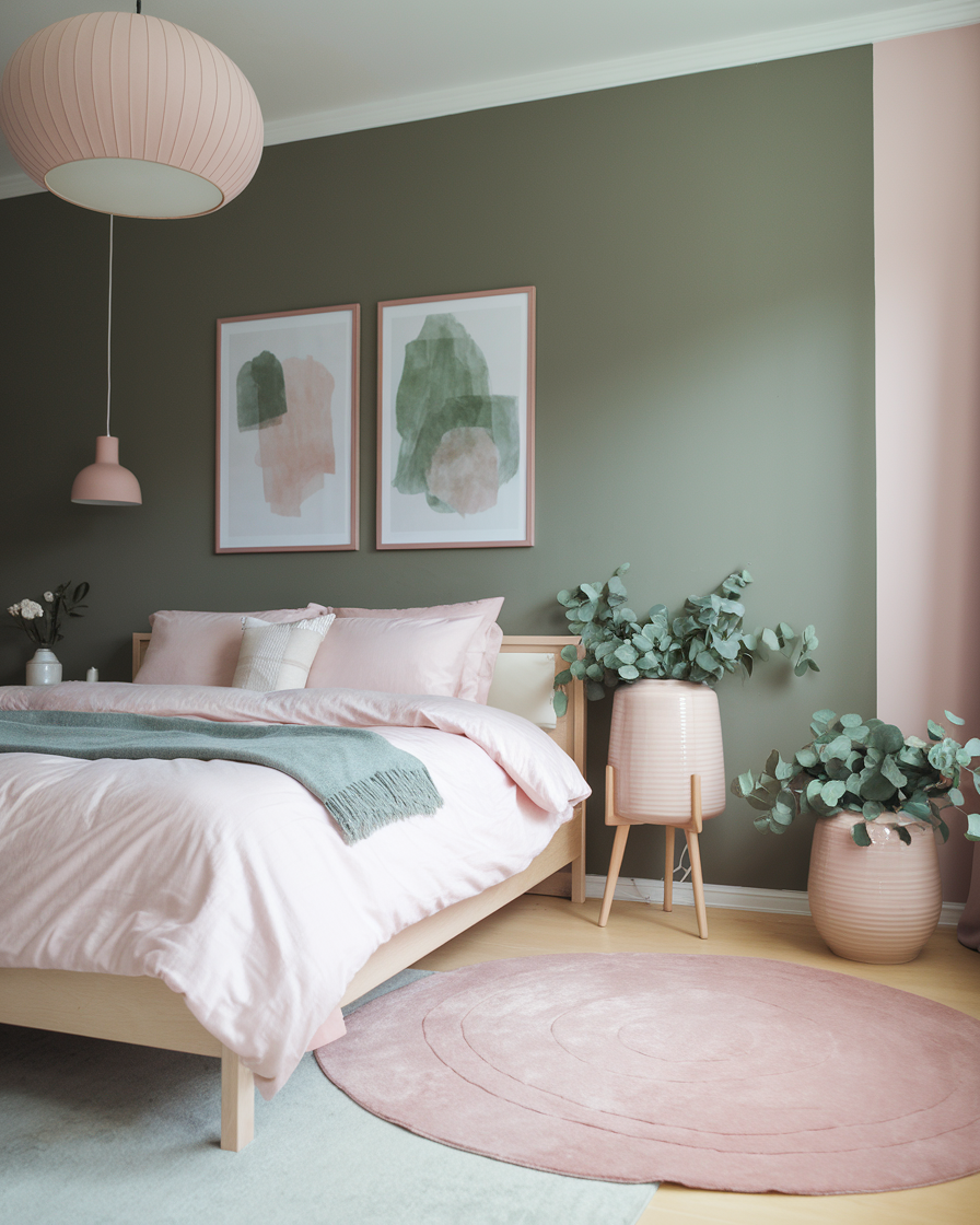 A sage green bedroom with a light wood bed, blush pink bedding, abstract art, a pink lamp, round pink rug, and potted plants—perfect for fresh and modern bedroom ideas.
