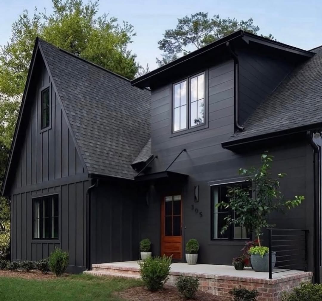 A modern two-story Black and Cedar House with dark exterior siding, a wooden front door, large windows, and small plants on a brick-bordered porch—perfect for those seeking fresh exterior ideas.