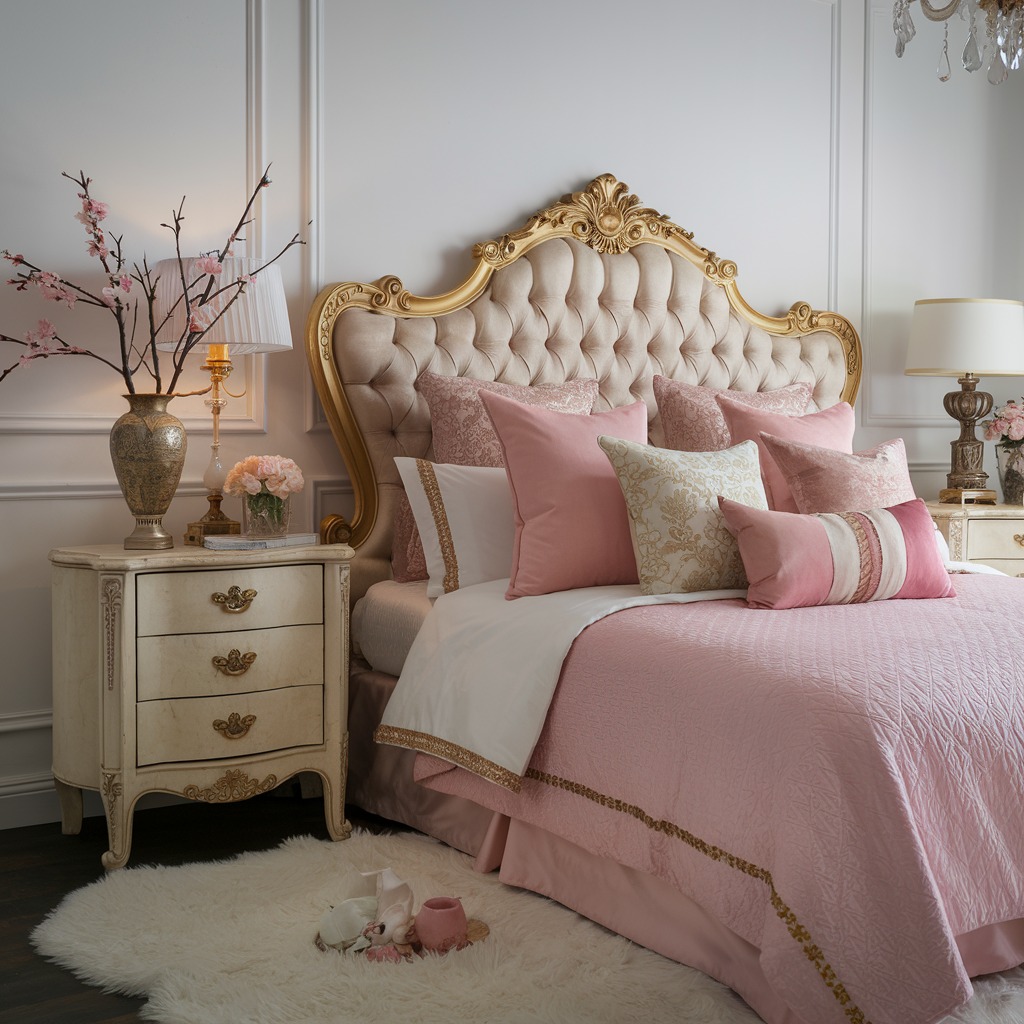 Elegant Victorian bedroom with a tufted, gold-trimmed headboard, pink bedding, matching decorative pillows, vintage nightstands, table lamps, and floral arrangements atop a white fur rug.