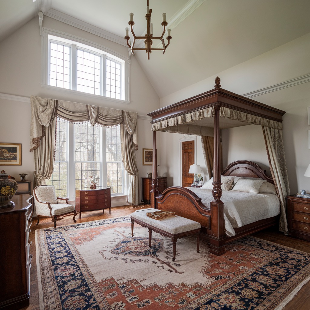 A spacious Victorian bedroom with a four-poster bed, large windows with drapes, vintage furniture, and a patterned area rug on a wooden floor.