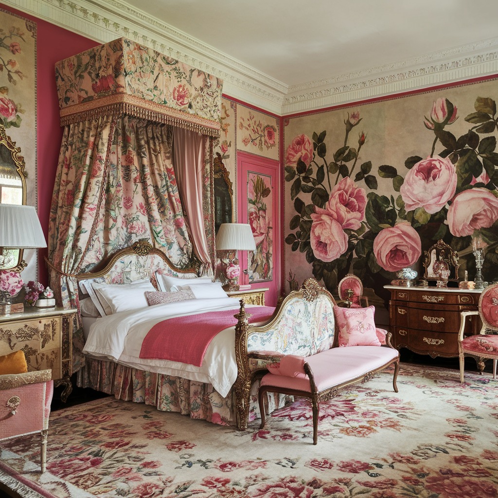 Elegant Victorian bedroom with ornate floral decor, pink and gold antique furniture, floral wallpaper, a canopy bed, and a large rug with rose patterns.