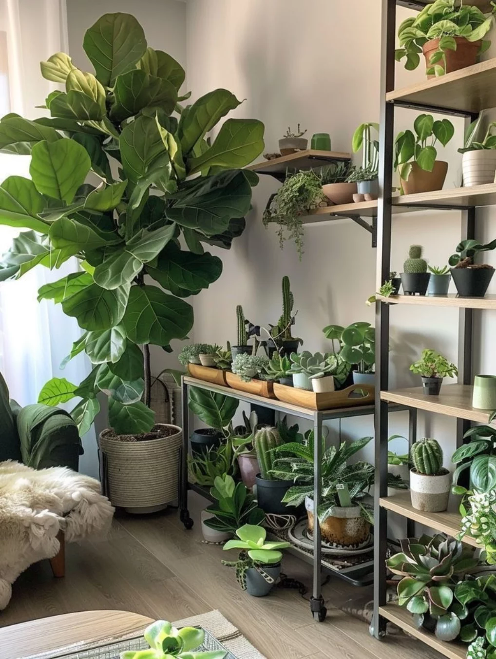A room corner filled with various potted plants, including a large fiddle-leaf fig, succulents, and cacti on shelves and a rolling cart, next to a window with natural light—perfect for interior design or corner decoration ideas.