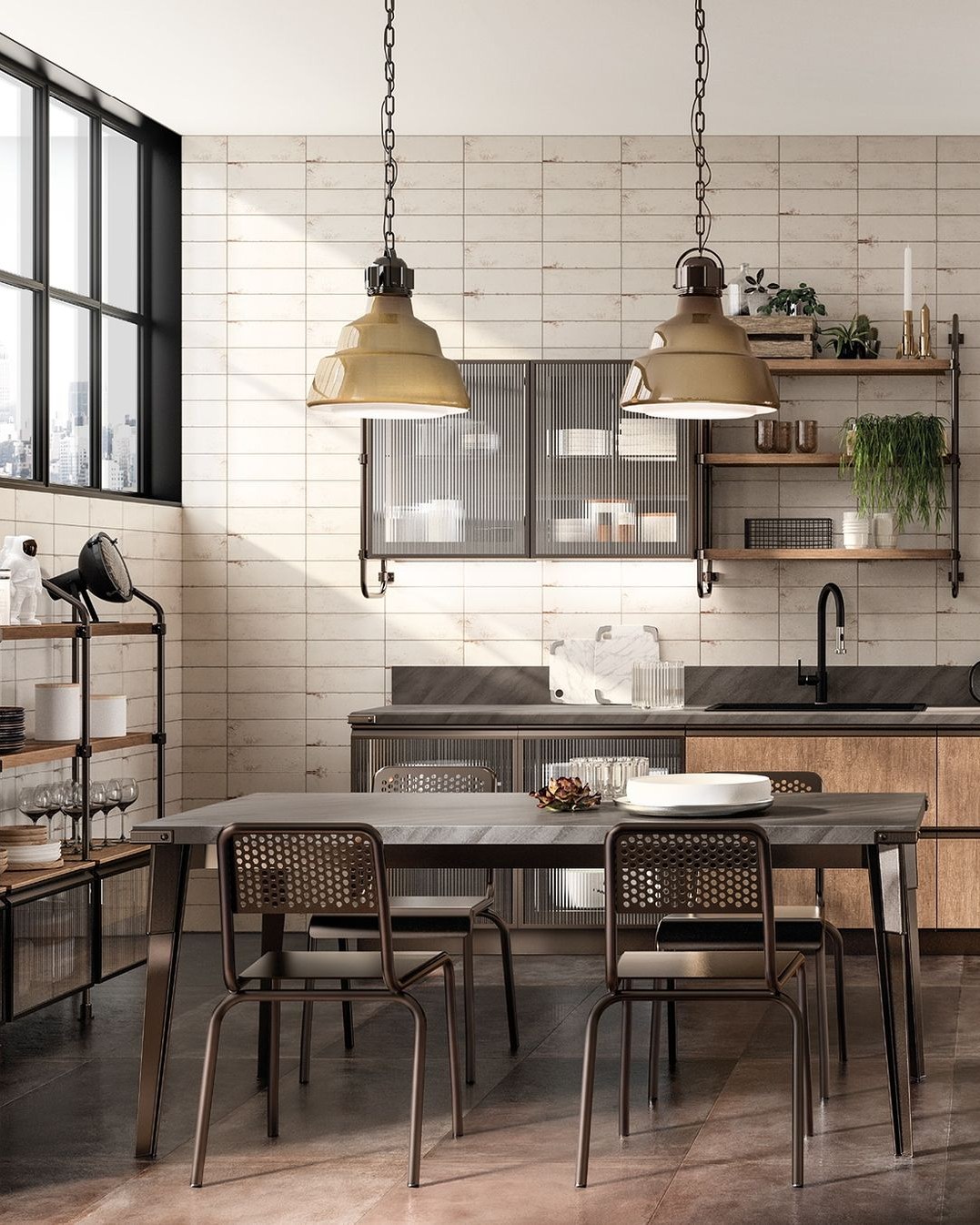 Modern industrial kitchen with large windows, hanging pendant lights, a dining table for four, open shelving, and a stylish mix of wood and metal finishes.
