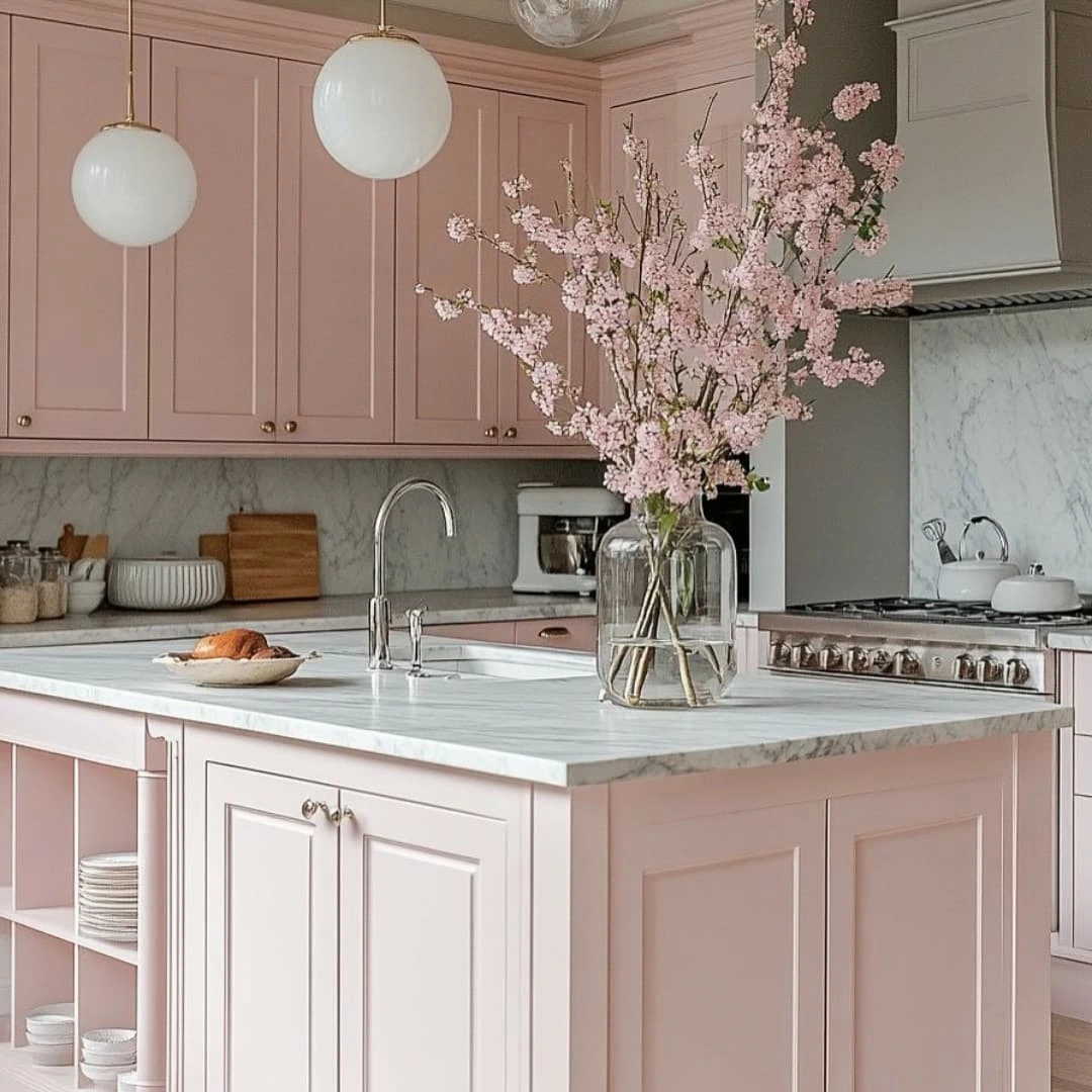 A modern kitchen with pink cabinets, marble countertops, pendant lights, and a large glass vase of pink flowers on the island.
