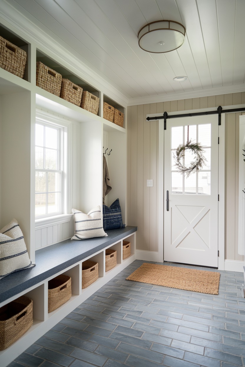 A bright mudroom with a bench, storage baskets above and below, pillows, coat hooks, a mat, and a white sliding barn door with a wreath—perfect for anyone seeking genius mudroom ideas for an organized entryway.
