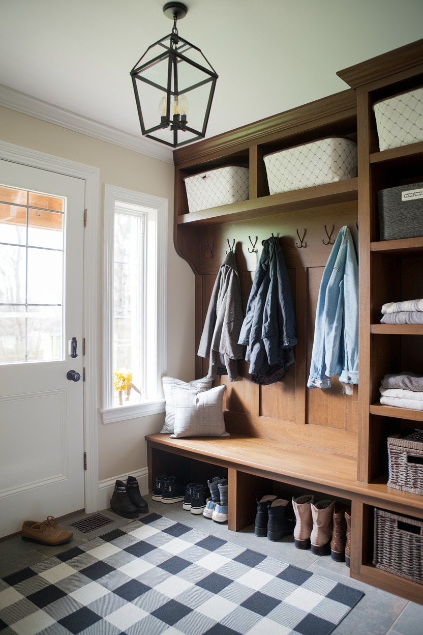 A tidy mudroom with wooden shelves and bench, several coats hanging on hooks, baskets on top, shoes and boots below, and a checkered rug on the floor—perfect for inspiring fresh mudroom decor or entryway ideas.