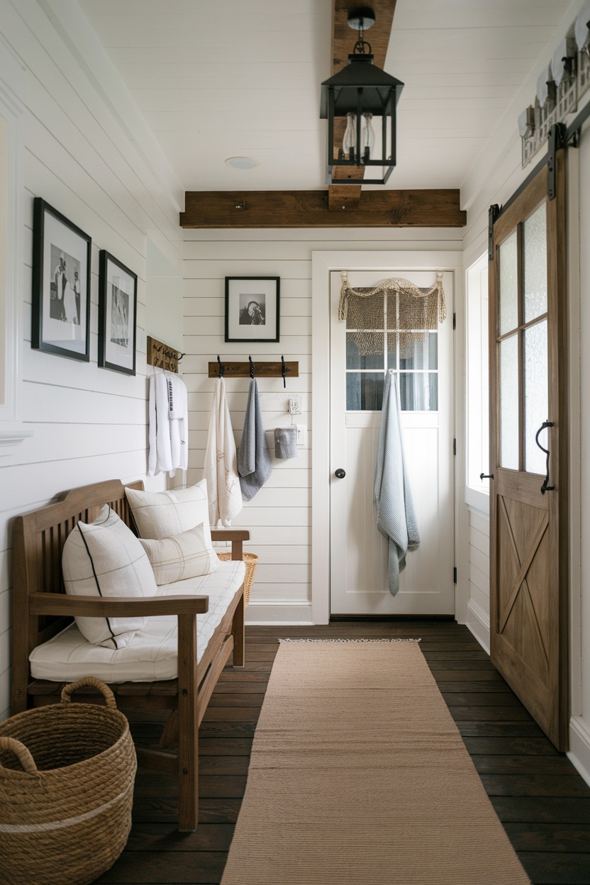 A farmhouse-style entryway with white shiplap walls, a wooden bench with cushions, a woven basket, coat hooks with hanging towels, framed photos, and a mat on a dark wood floor—perfect for mudroom ideas you’ll love.