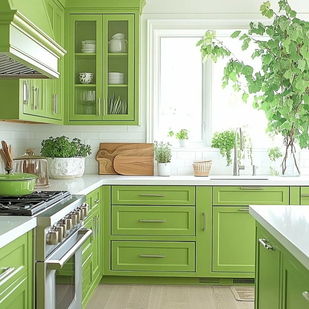 A modern kitchen with bright green cabinets, white countertops, stainless steel appliances, and several potted plants near a large window.