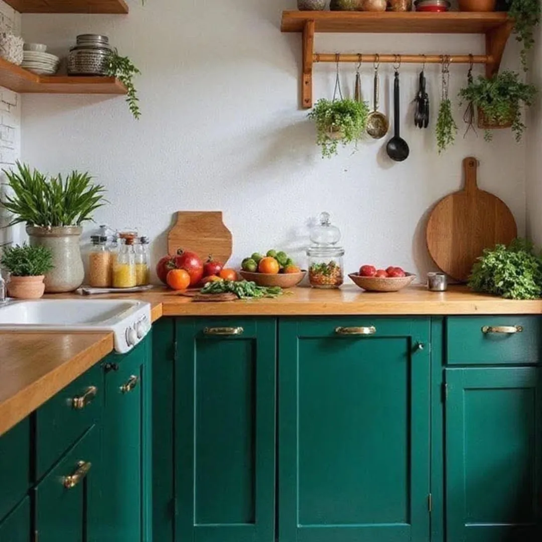 A kitchen with green cabinets, wooden countertops, open shelves holding dishes and plants, and fresh produce on the counter.