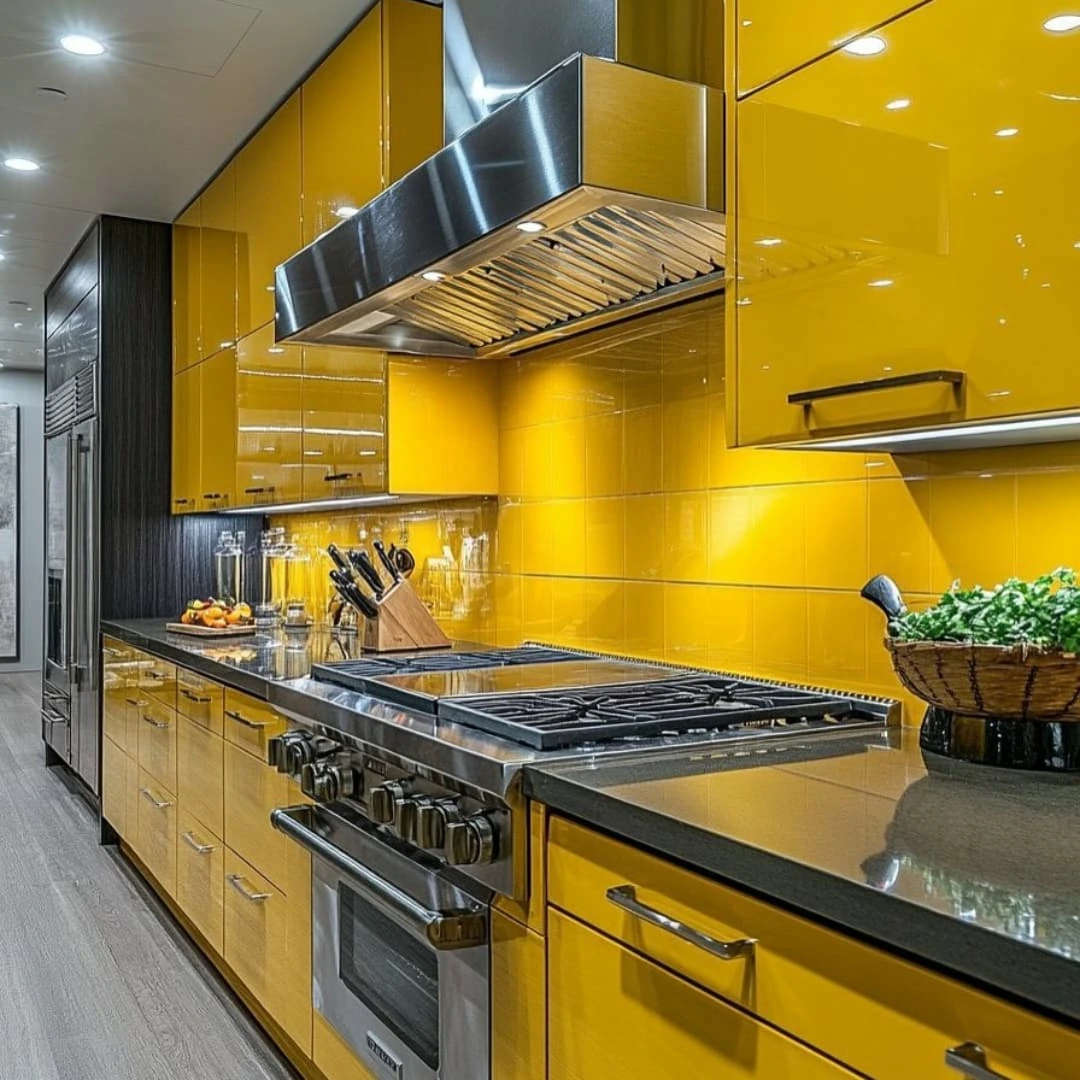 Modern kitchen with glossy yellow cabinets, stainless steel appliances, a gas stove, dark countertops, and under-cabinet lighting. A bowl of fruit and a plant are on the counters.