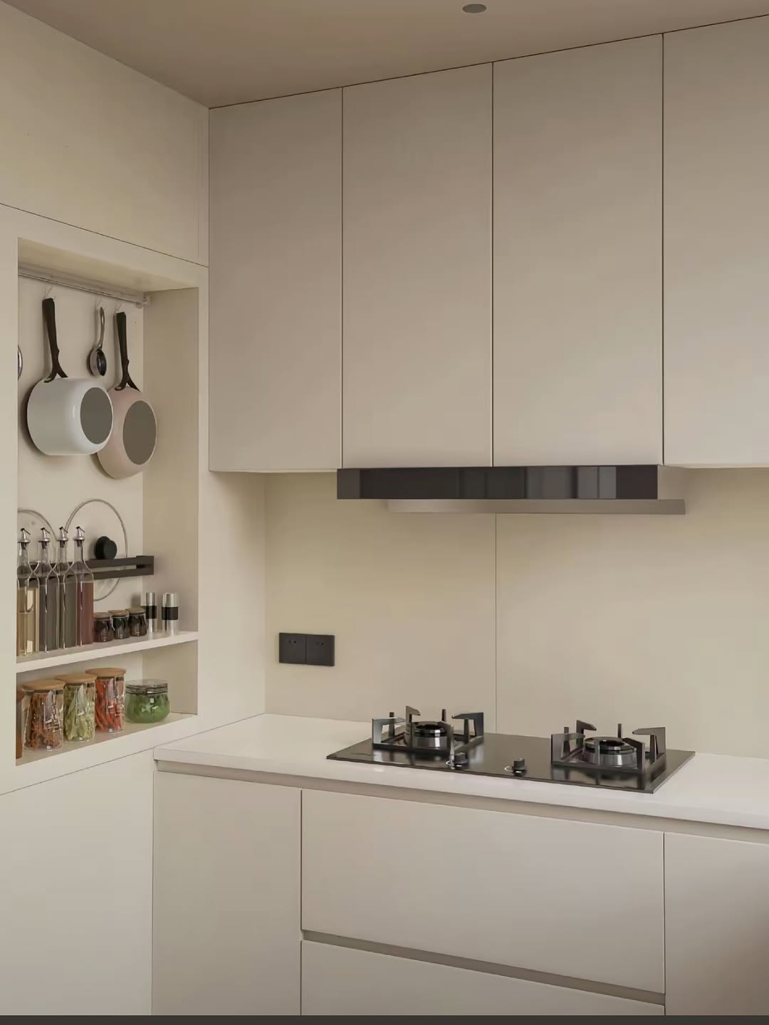 Modern minimalist kitchen with white cabinets, a built-in gas stove, wall-mounted hood, hanging pans, spice jars, and storage shelves for condiments.