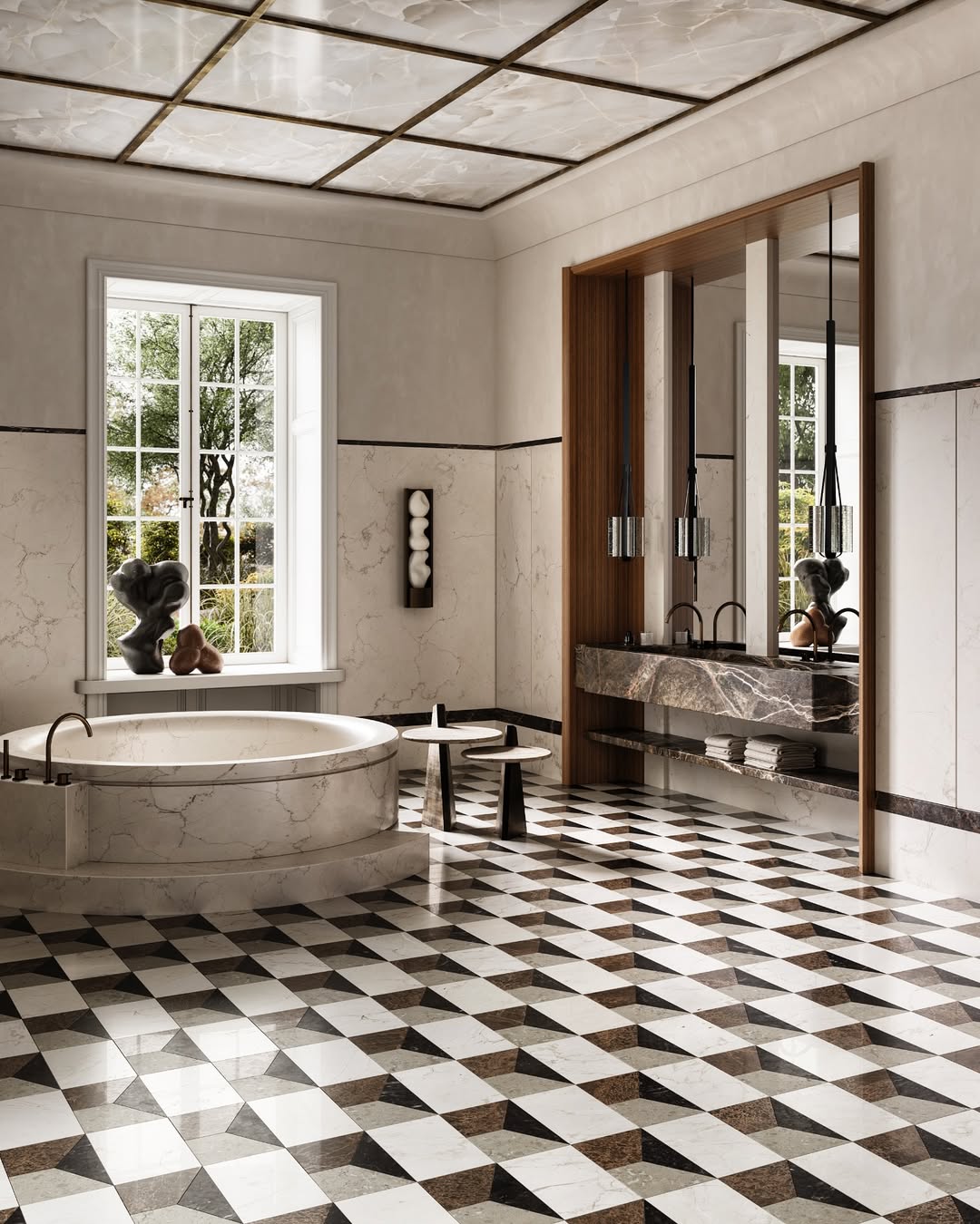 Elegant bathroom design with a marble soaking tub, checkered marble floor, large mirrors, modern pendant lights, and a window overlooking greenery—perfect for those seeking sophisticated marble bathroom ideas.