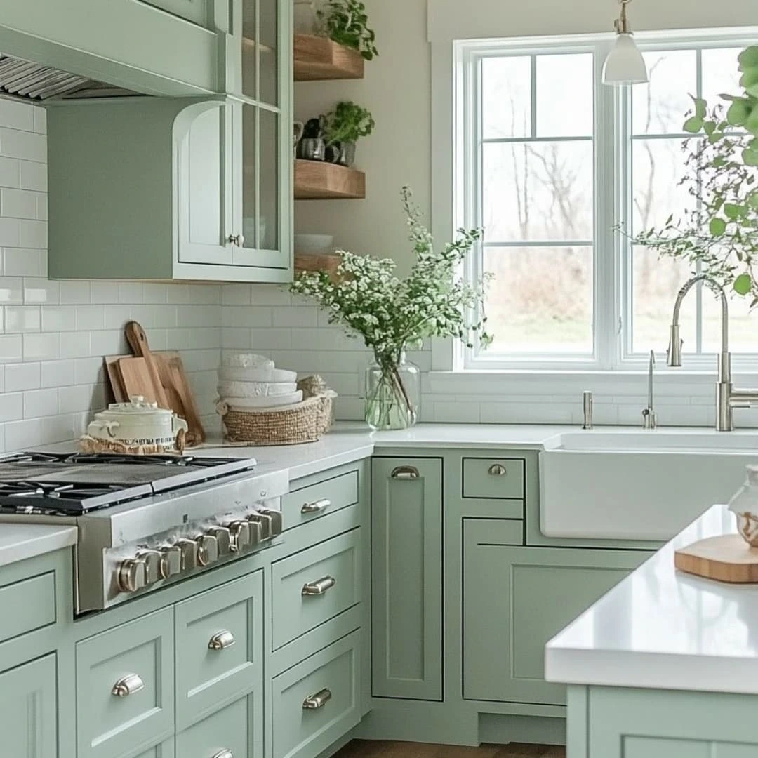A kitchen with light green cabinets, white countertops, a farmhouse sink, gas stove, and a vase with white flowers by a window.