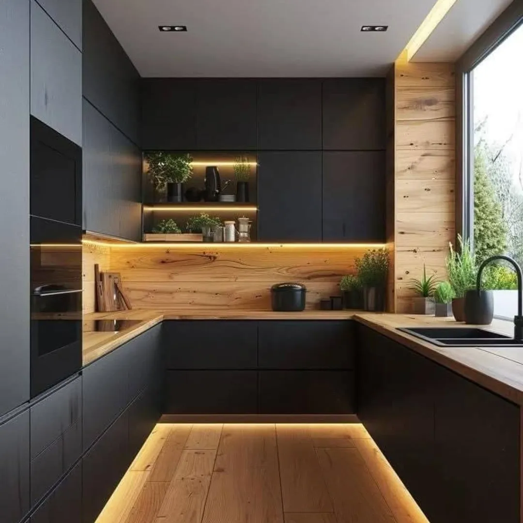 Modern kitchen with matte black cabinets, wooden countertops and walls, under-cabinet lighting, open shelves with plants, and a large window providing natural light.