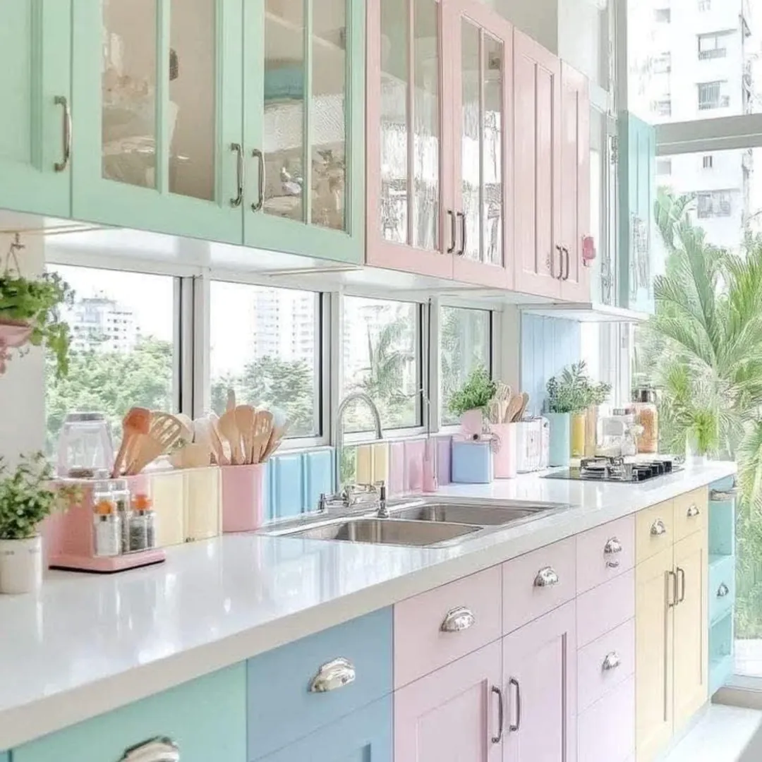 A modern kitchen with pastel-colored cabinets in mint green, pink, blue, and yellow, white countertops, a double sink, and large windows letting in natural light.