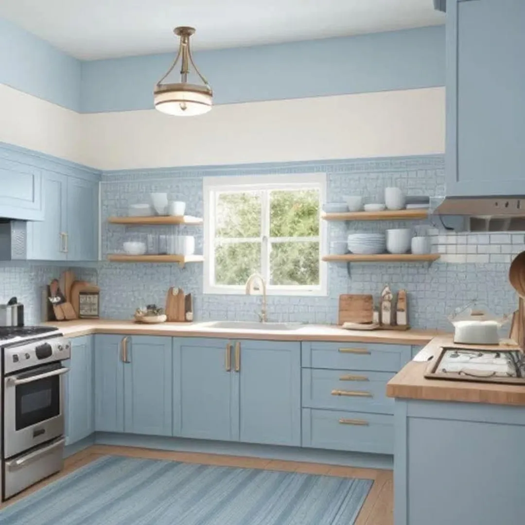A light blue kitchen with wooden countertops, open shelves holding dishes, a stove, a sink under a window, and a blue rug on the floor.